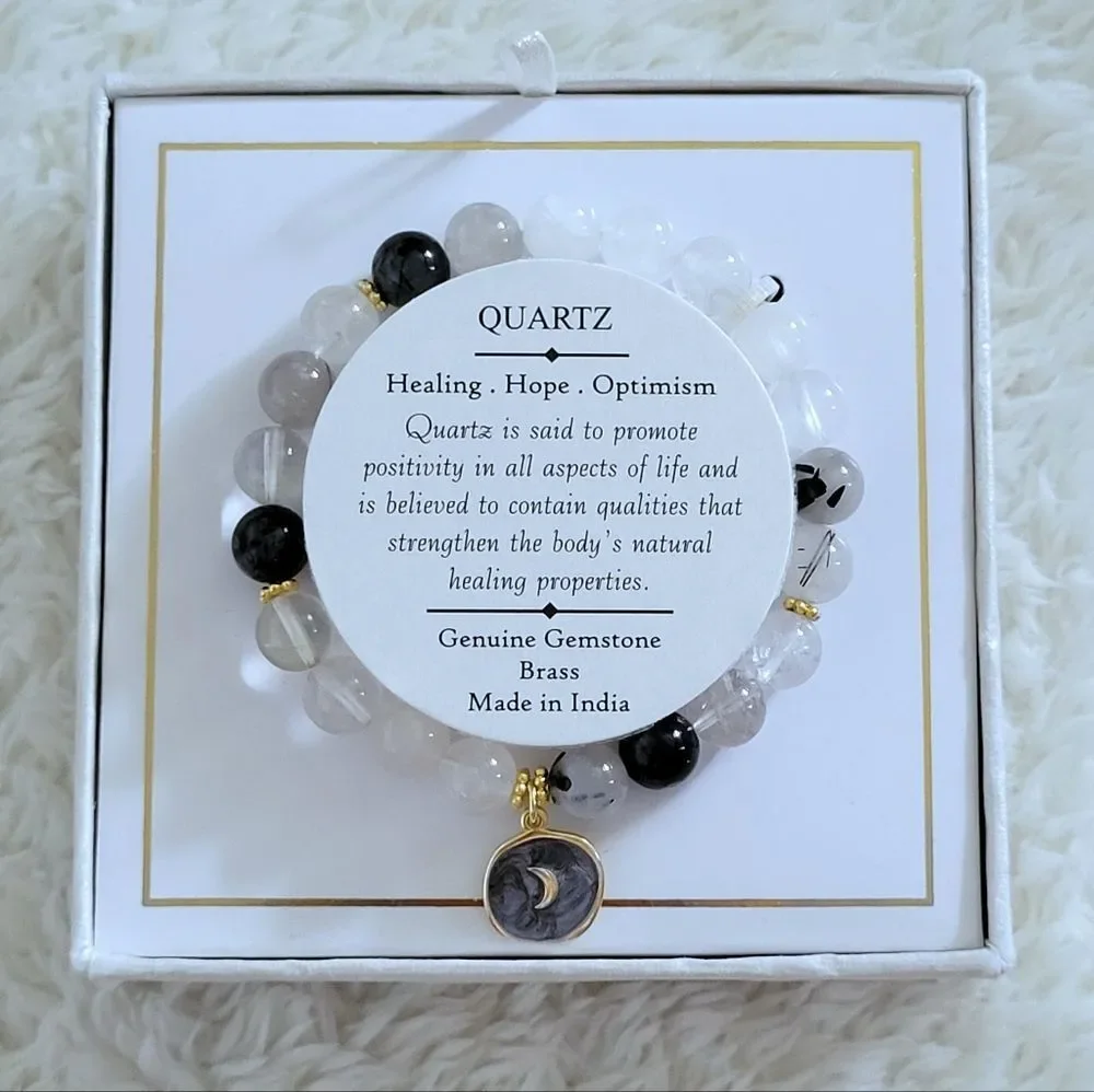 Shivam Mixed Quartz Stretch Bracelet with Crescent Moon🌙 Charm - NIB